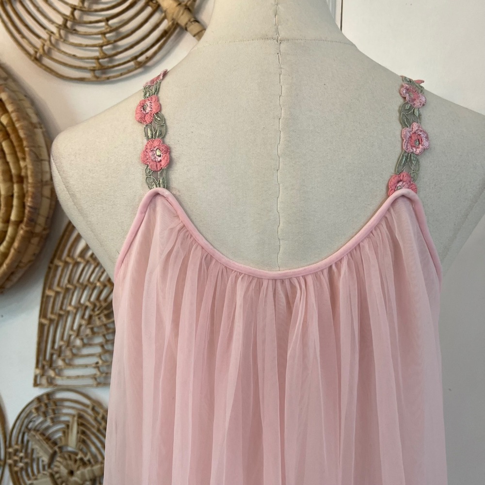 Vintage Pink Chiffon Floral Embroidered Babydoll Lingerie Slip Dress Ballet M/L - Picture 7 of 7